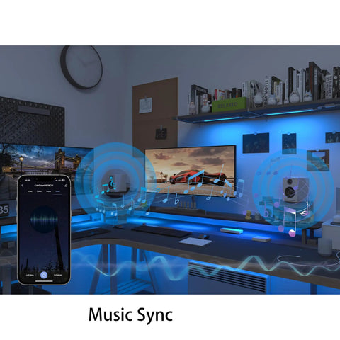 Home office with Under Cabinet LED Strips With RGB CW Color Changing Lights Dimmable Brightness in music sync mode