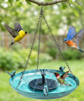 Hanging Bird Bath With Solar Fountain For Outdoors 14.9 Inch Metal Bird Bath Sun Powered Water Feature With 4 Nozzles And 3 Removable Decorative Birds Easy Hang For Patio Garden Porch Yard Gift featuring birds enjoying the water.