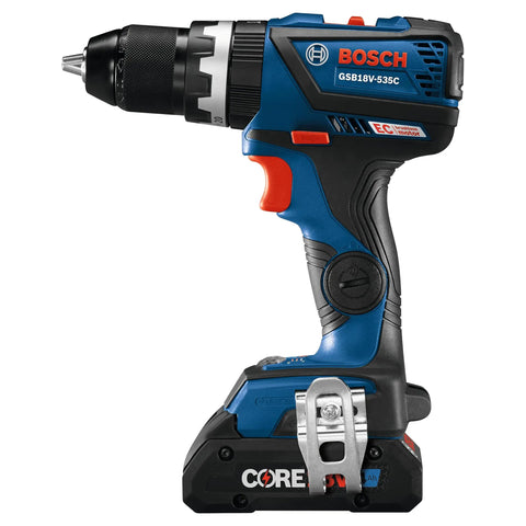 18V EC Brushless Hammer Drill Driver With Bluetooth Connectivity, Half Inch Chuck, shown with CORE18V 4Ah Battery