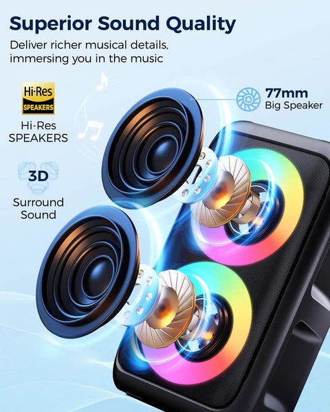 Bluetooth Party Speaker With Colorful Lights showing dual 77mm speakers with RGB light effects for enhanced sound quality