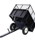 Beefy Heavy Duty Steel Dump Cart For Tractors ATVs And UTVs With 22 Cubic Feet And 750 LB Capacity featuring tilted open sides