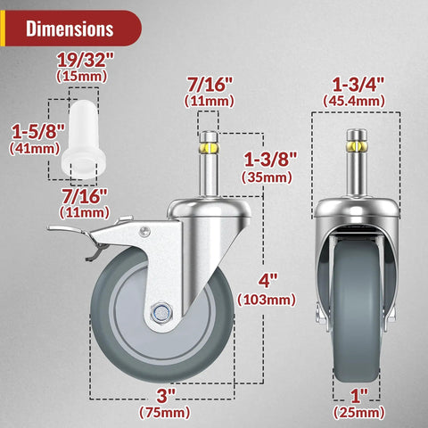 Built Tough 3 Inch Locking Caster Wheels Set Of 4 Heavy Duty TPR Rubber Swivel Castors dimensions with measurements, 7/16in stem shown.