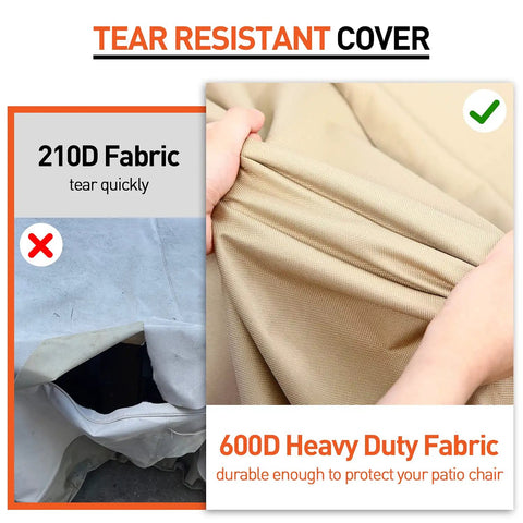 Heavy Duty Waterproof Outdoor Chair Covers Built To Last For High Back Dining And Swivel Chairs Pack Of 2 All Weather Patio Furniture Covers Beige And Brown Fits Up To 29W 30D 42H shown with tear-resistant 600D fabric comparison