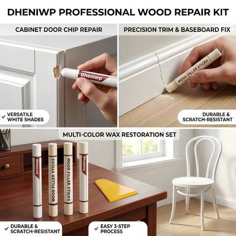 Make Your Furniture Look Spotless Straight Up With Premium White Wood Repair Wax Sticks And Seamless Wood Filler Putty To Hide Scratches Cabinet Gouges Fast DIY Kit, showcasing wood repair kit and tools for cabinet and trim.