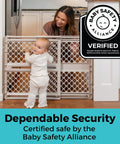 Top Shelf Adjustable Baby Gate For Kids And Toddlers in sand finish, with a child smiling and a parent in a kitchen setting.