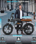Retro Vibes Dual Battery Fat Tire Electric Bike For Adults showing size dimensions in a city setting with a person beside it.