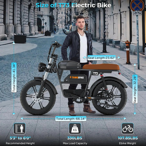 Retro Vibes Dual Battery Fat Tire Electric Bike For Adults showing size dimensions in a city setting with a person beside it.