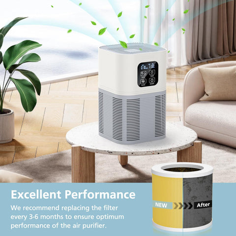 Living room with air purifier and 2 Pack A1 Pet Replacement Filter For Home Air Purifiers, 3 Stage Filtration With Pre Filter And HEPA