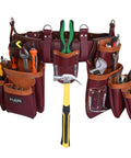 Leather Tool Belt For Men Heavy Duty Work Belt With 19 Pockets And 2 Pouches Double Hammer Holder Foam Padded Belt displayed