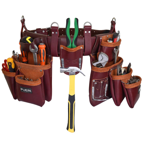 Leather Tool Belt For Men Heavy Duty Work Belt With 19 Pockets And 2 Pouches Double Hammer Holder Foam Padded Belt displayed