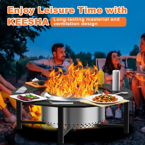 40 Inch Fire Pit Surround Tabletop With Cover For Bonfire And Ranger Pits Built To Last In Powder Coated Steel with food and drinks