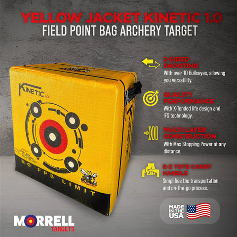 Yellow Jacket Kinetic One Point Zero 65 Pound Portable Field Point Archery Target Bag with two sides and ten bullseyes