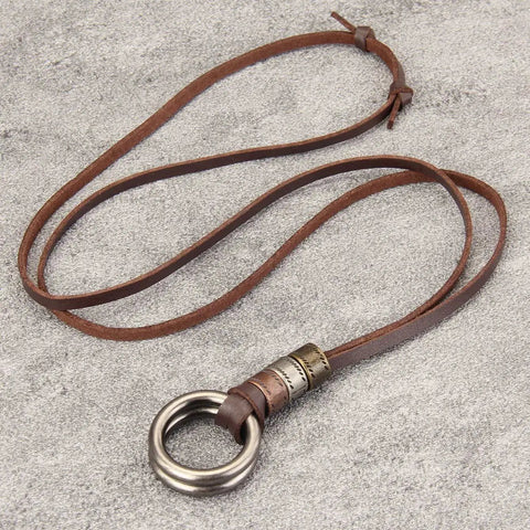 Top Shelf Handcrafted Leather Necklace For Men And Women Boasting A Fly Vintage Hippie Design With Adjustable Long Cord And Smooth Durable Alloy Cross Pendant In Classic Brown, featuring a brown leather strap and alloy ring.