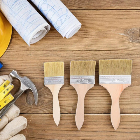 Do It All Three Piece Wood Handle Paint Brush Set With Natural Bristle For Walls, Furniture, Decks And Stain Jobs on wooden table