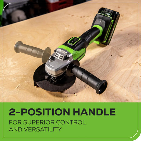 24V Brushless Cordless Angle Grinder With 4Ah USB Power Bank Battery And Charger 4.5 Inch Disc Aluminum Gearbox Spindle Lock And 10500 RPM For Quick Cuts Smooth Grinding And Long Lasting Torque on wooden surface