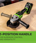 24V Brushless Cordless Angle Grinder 4-1/2 Inch With 4Ah Battery on wooden surface with 2-position handle