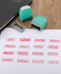 Sweet Acting On Time Self Inking Stamp For Quick Daily Office Grinds Featuring Refillable Red Ink and No Mess Clean Setup on paper with impressions.