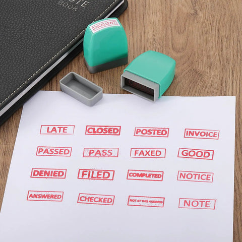 Sweet Acting On Time Self Inking Stamp For Quick Daily Office Grinds Featuring Refillable Red Ink and No Mess Clean Setup on paper with impressions.