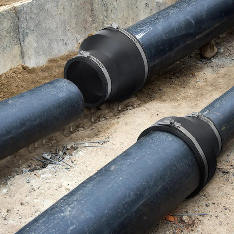2 Pack Flexible PVC Reducing Pipe Couplings 6 Inch To 4 Inch With Stainless Steel Clamps For DWV Pipes Universal Fit Fits Cast Iron Plastic Copper Steel DIY Friendly No Sweat Install on black sewer pipes