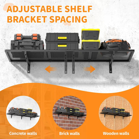 Two Pack Heavy Duty Garage Wall Shelves Set wall-mounted black steel rack with adjustable bracket spacing for concrete, brick, and wood walls