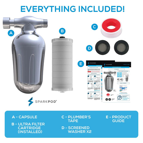 Spa Quality Shower Filter System With High Output Shower Head And Cartridge Knocks Out Chlorine And Heavy Metals Up To 95 Percent For Softer Hair And Skin In A Sleek Polished Chrome Finish, showing components including capsule, filter cartridge, plumbers tape, and washers.