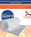 Ceramic fiber insulation blanket roll, 2 in x 24 in x 75 in, white, 8# density, 2400°F rated for high-temp stoves/kilns