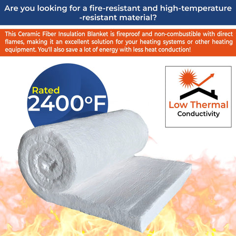 Ceramic fiber insulation blanket roll, 2 in x 24 in x 75 in, white, 8# density, 2400°F rated for high-temp stoves/kilns