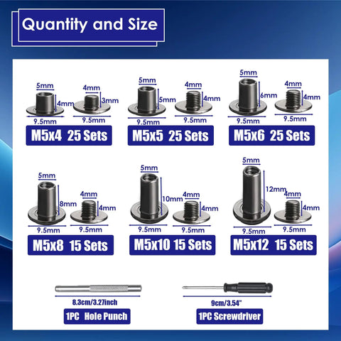 Top Shelf Chicago Screw Kit 120 Piece Set Heavy Duty Carbon Steel Barrel Nuts sizes and quantity chart for leather repair and bag making.