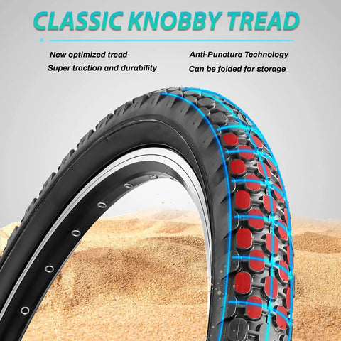 Image of a Two Pack Cruiser Bike Tire Kit With Tubes And Levers 24x2.125 Inch Folding puncture resistant tire on sandy ground.