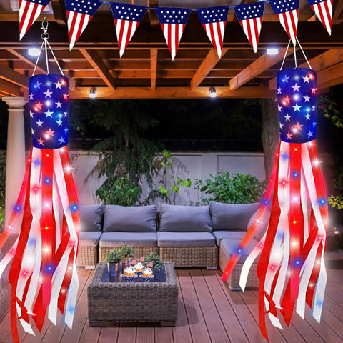 Pair Of 60 Inch American Flag Windsocks With Red White Blue LED Lights For Outdoors Patriotic Fourth Of July Memorial Day Decor