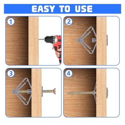 Easy installation steps for Heavy Duty Plastic Toggle Wall Plugs For Drywall And Plasterboard Installations Hollow Wall Expansion Anchors Kit