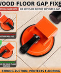 Floor Gap Repair Tool For Laminate Wood Tile And Vinyl Floors With Durable Iron Build Compact Design And Rubber Hammer Suction Cup Feature Makes Gap Fixes Quick And Clean No Mess Designed For DIY Home Floors, showing suction cup with placement instructions.