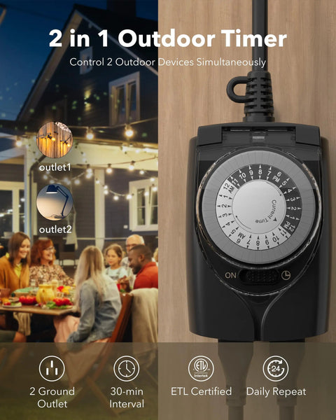 Outdoor Timer Outlet Waterproof 24 Hour Mechanical Light Timers For Exterior Outlets With Two Grounded Outlets Weatherproof 15 Amp