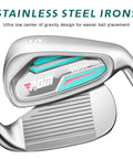 Detail view of stainless steel iron from Women's 12 Piece Golf Club Set With 460cc Driver Four Woods Including Hybrid Seven Irons 5 PW SW Putter And Stand Bag For Easy Tee Shots Travel Ready And Game Ready For Beginners To Intermediate Players
