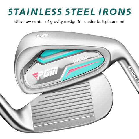 Detail view of stainless steel iron from Women's 12 Piece Golf Club Set With 460cc Driver Four Woods Including Hybrid Seven Irons 5 PW SW Putter And Stand Bag For Easy Tee Shots Travel Ready And Game Ready For Beginners To Intermediate Players