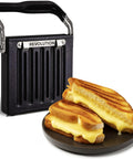 Revolution Toastie Press Fits Any Toaster for Grilled Cheese Quesadillas and Paninis with melted cheese on a plate.
