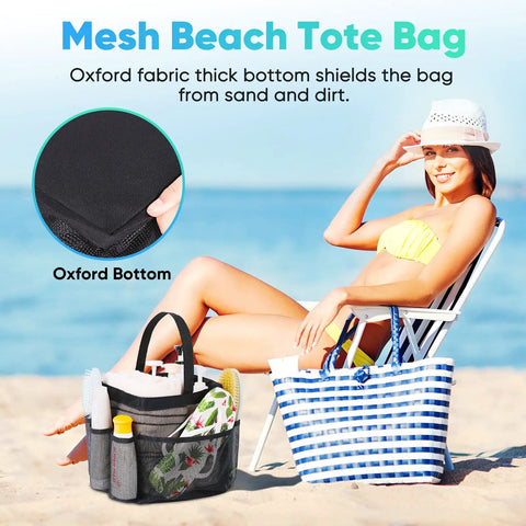 Mesh Shower Caddy Portable For Dorms And Travel With 9 Pocket Large Capacity For Beach Gym Swimming Camping And More Durable Hanging Shower Bag For College Essentials Grab And Go, shown with beach items on sand.