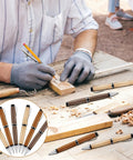 Man crafting with Six Pack Woodturning Pen Kit With Refills Twist Pens For DIY Lathe Turning Black And Silver Set on table