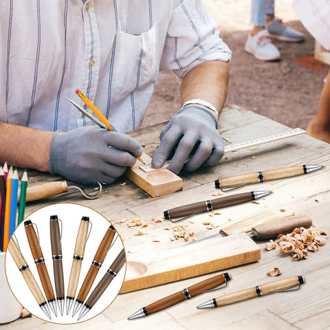 Man crafting with Six Pack Woodturning Pen Kit With Refills Twist Pens For DIY Lathe Turning Black And Silver Set on table