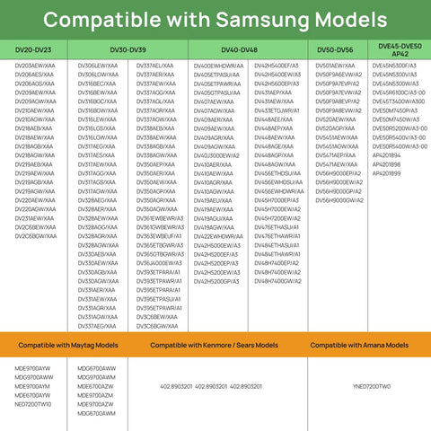 Compatibility chart for Back Up And Running Dryer Heating Element Replacement Kit 5300W 240V showing compatible Dryer models.