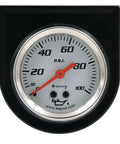 Front view of Equus 2-inch mechanical oil pressure gauge, white dial, red needle, 0–100 psi.