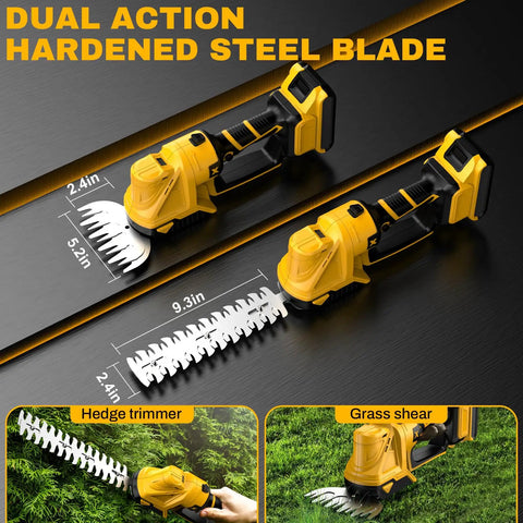 Pro Grade Cordless Pole Hedge Trimmer And Electric Grass Shear Kit For Backyard Bosses with dual action hardened steel blades.
