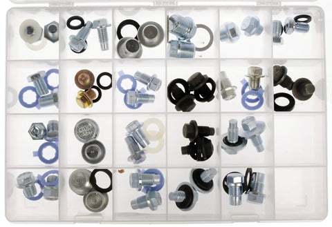 Oil Drain Plug Tech Tray Kit With Universal Fit, 44 Pieces Across 22 SKUs in plastic organizer compartments