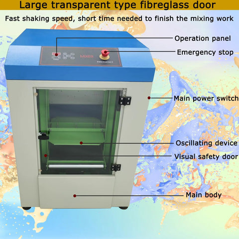 Heavy Duty Automatic Paint Shaker Mixer With No Sweat Auto Clamp And Hassle Free Timer For Quick Glue Paste Blending Up To 66 Pounds 110V Plug And Play Workshop Essentials with transparent fibreglass door and control panel.