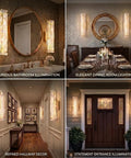 AooLiWang Gold LED Wall Sconces, Set of 2 with Transparent Glass Strip illuminating bathroom and hallway decor.