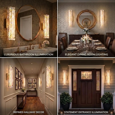 AooLiWang Gold LED Wall Sconces, Set of 2 with Transparent Glass Strip illuminating bathroom and hallway decor.
