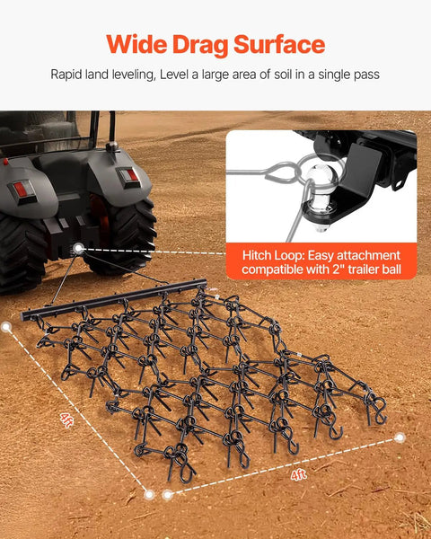 Drag Harrow For Tractor ATV And UTV Use Heavy Duty Chain Harrow With 69 Teeth 4 Ft By 4 Ft shown attached to tractor on soil.