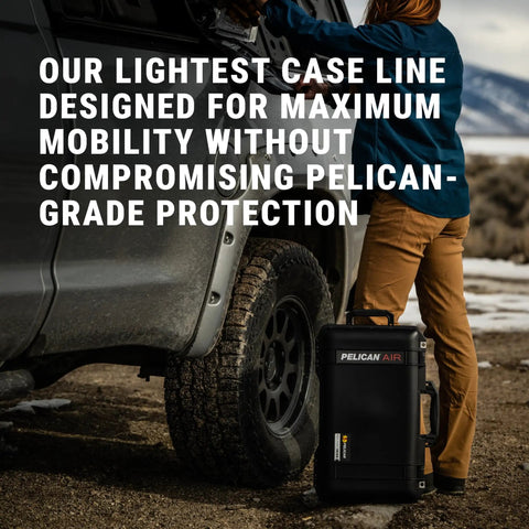 Person placing 1626 Air Case No Foam Black Heavy Duty Gear Case beside car, highlighting rugged travel capability.