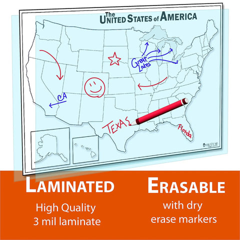 USA Map Dry Erase Laminated Poster 18x24 for Classrooms, shown with wipe clean surface and dry erase marks emphasizing features.