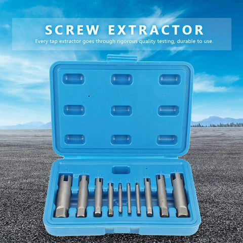DIY Friendly 10 Piece Steel Broken Head Screw Remover Kit Tap Extractor Set displayed in a blue case on a road background